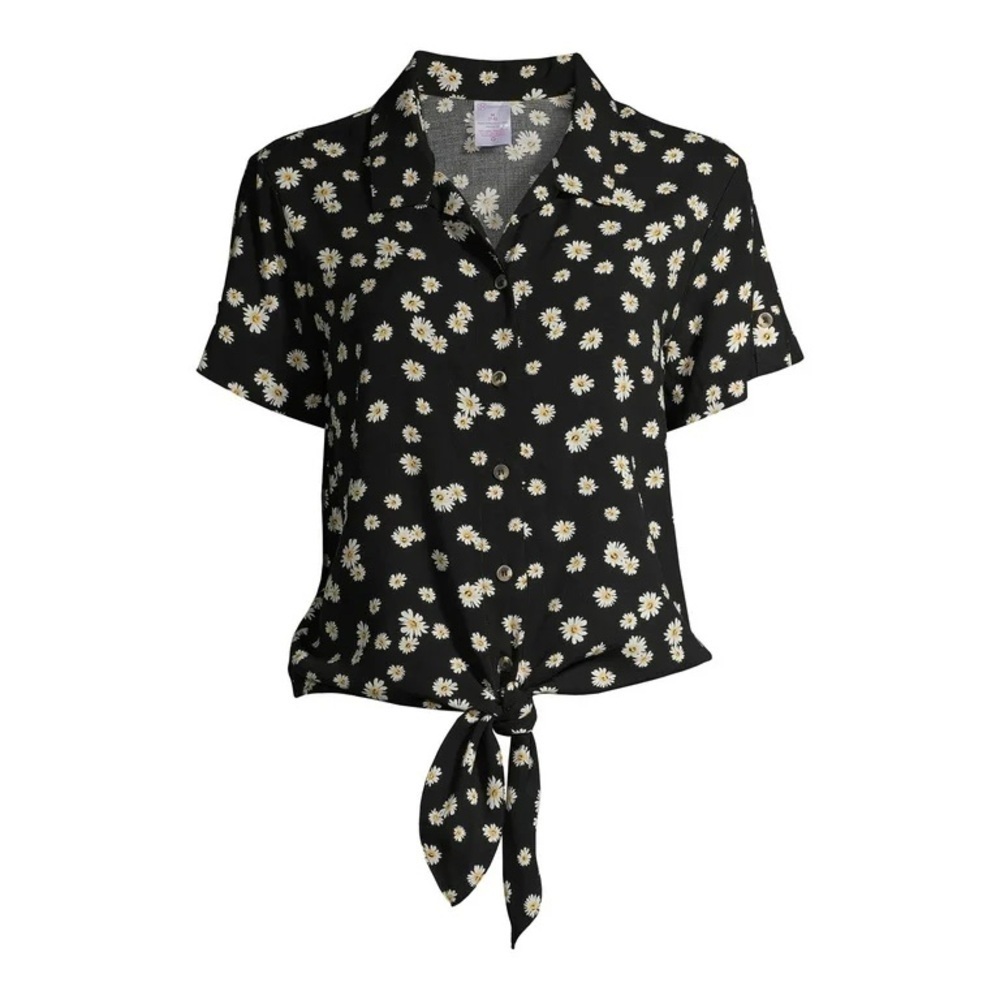 No Boundaries Juniors' Printed Tab Sleeve Button Down Tie Front Top Size XS